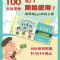 放暑假100元抵用券，8/1開始使用，每消費滿330即可折抵乙張