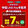 刷中信LINE Pay卡，週六滿$1500最高回饋 7% LINE POINT