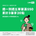 平日用LINE Pay付款消費滿50元達3次，享LINE POINTS 20點回饋