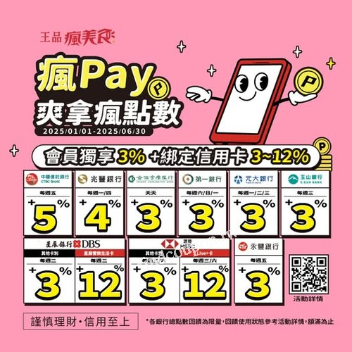 2025/1/1-2025/6/30，瘋Pay綁定指定信用卡最高可享15%回饋