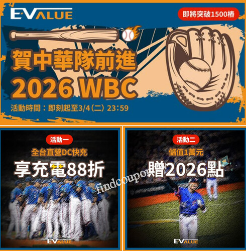 ⚾️中華隊晉級WBC，EVALUE全台快充站88折 / 儲值1萬送2026點數！