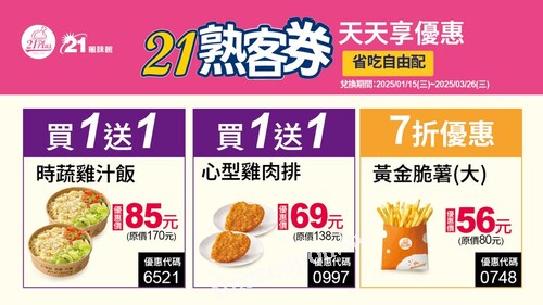 熟客券，不僅有超夯品買1送1還有烤雞、炸雞最低𝟕折優惠