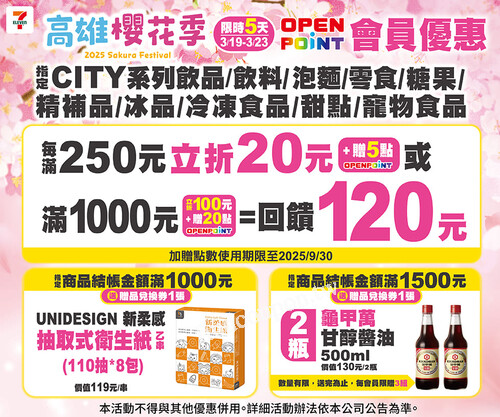 指定商品消費每滿250元折25元或滿1000元折100元贈20點OPENPOINT