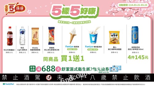 全家康康5開跑！Fami!ce霜淇淋、可樂纖維＋等多品項買一送一！滿688送濕式衛生紙2包