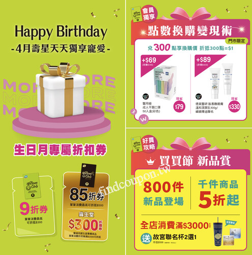 壽星會員享 9 折， 點金 VIP 享 85 折+資生堂 $300 折價券