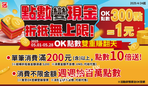 點數變現金 雙重賺翻天，折抵無上限，OK點數300點=1元