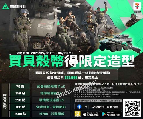 至統一超商購買以下面額之Garena貝殼幣可獲得一組虛寶序號