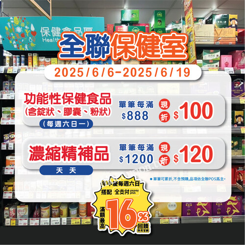 保健食品折扣季，全聯週末滿額折扣＋全支付回饋最高16%