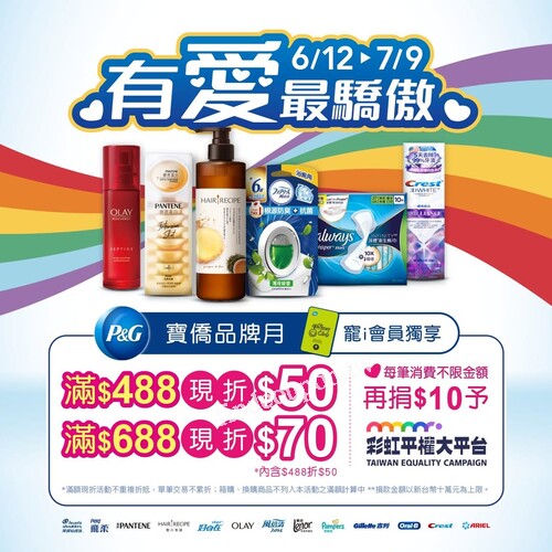 買P&G產品消費滿$488現折50、滿$688現折70
