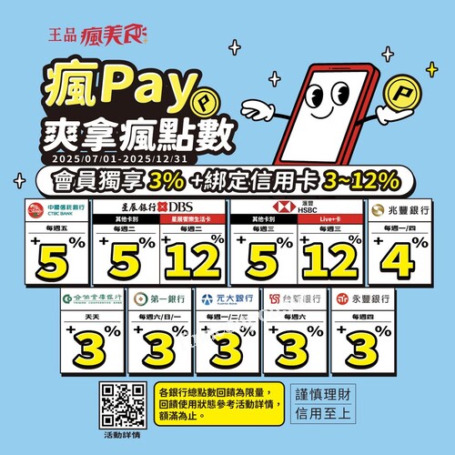 2025/7/1-2025/12/31，瘋Pay綁定指定信用卡最高可享15%回饋