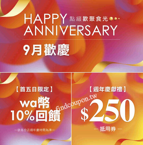 用餐不限金額，就送你 $250 電子抵用券