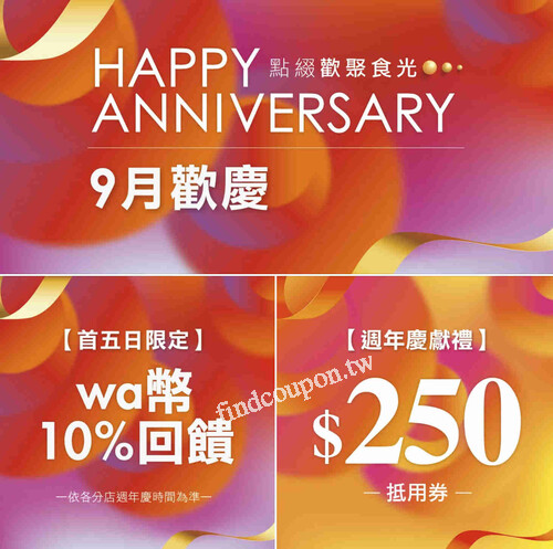 用餐不限金額就送你 $250電子抵用券，週年慶美味與好康一次滿足