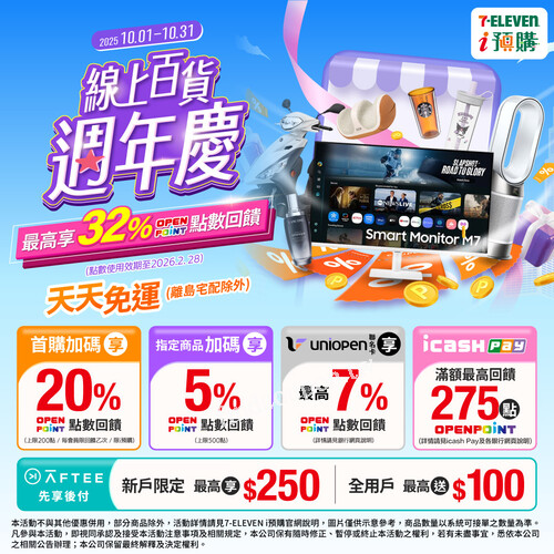 7-ELEVEN i預購，線上百貨周年慶，點數狂灑最高32%回饋