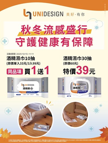 首選UNIDESIGN酒精濕巾，單包10抽/33元，買1送1