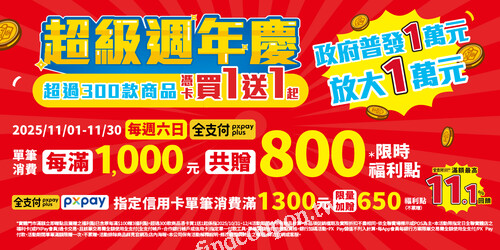 每週六日，全支付單筆消費達1000元，共贈800限時福利點