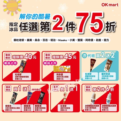 即日起~5/4，至OKmart，任選指定冰品第2件75折