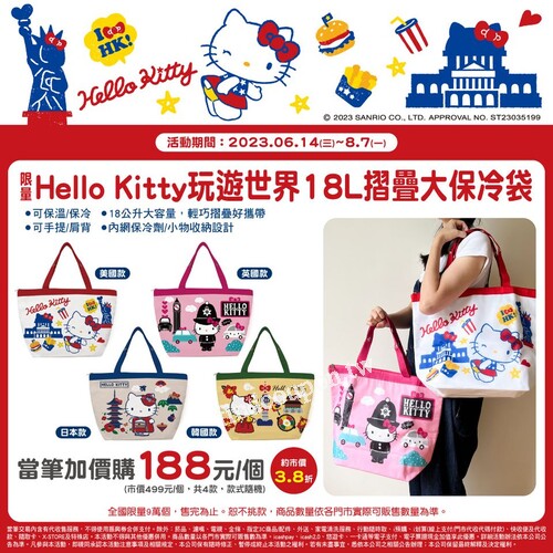 限量 Hello Kitty玩遊世界18L摺疊大保冷袋，當筆加價購只要188元