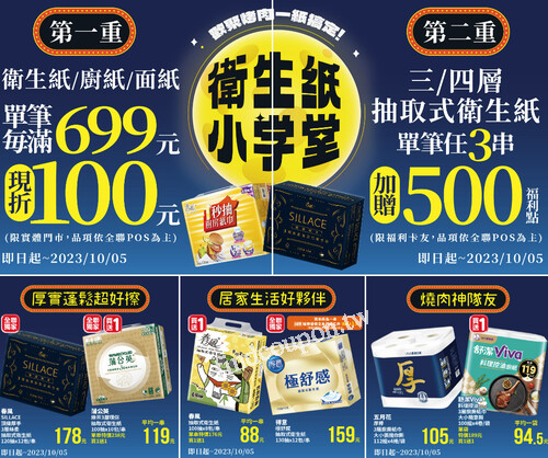 衛生紙/面紙/廚紙單筆每滿$699，現折$100(限實體門市)