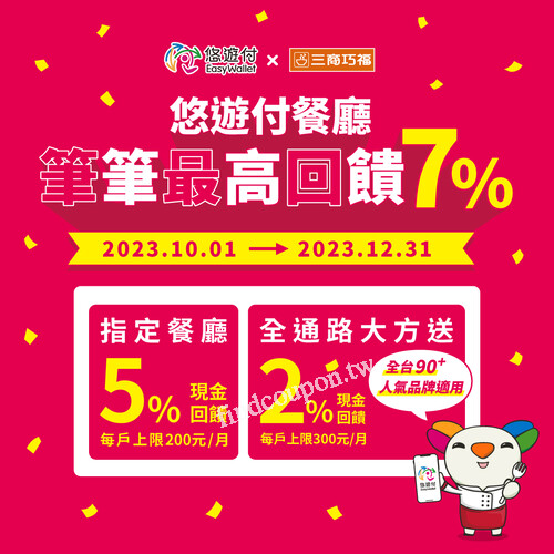 來三商巧福消費使用悠遊付結帳，即可享最高回饋7%
