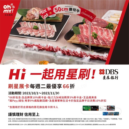 2023/10/1~11/30期間，刷星展卡每週二最優享66折